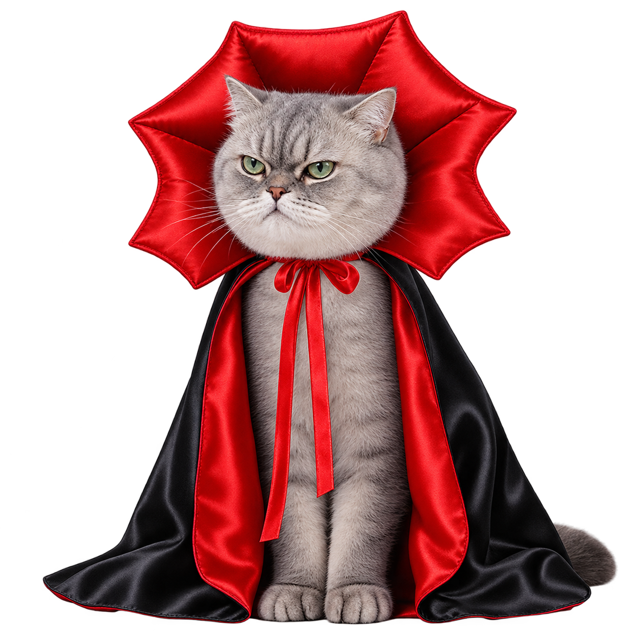 Cat wearing a red and black vampire cape costume